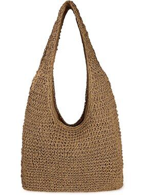 Women's Brown Large Straw Beach Bag Handmade Woven Shoulder Bags Hobo Tote